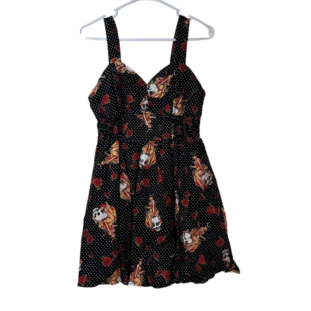 Hot Topic Pinup Rockabilly Skater Dress Polka Dot Devil Tattoo Style Rose Size L